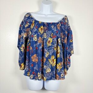 Angie Blue Floral Smocked Feminine Blouse